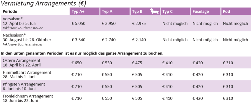 Tarieven verhuur arrangementen DUITS
